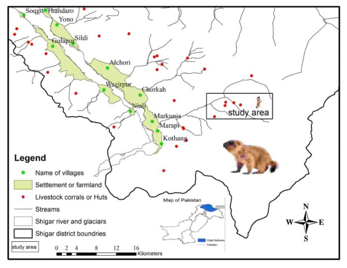 Figure 1: Study area in Shigar Valley in the Karakorum range, northern Pakistan, with red dots showing livestock corrals or shepherd huts in different pasturelands and the rectangular shape showing the study sampling sites.