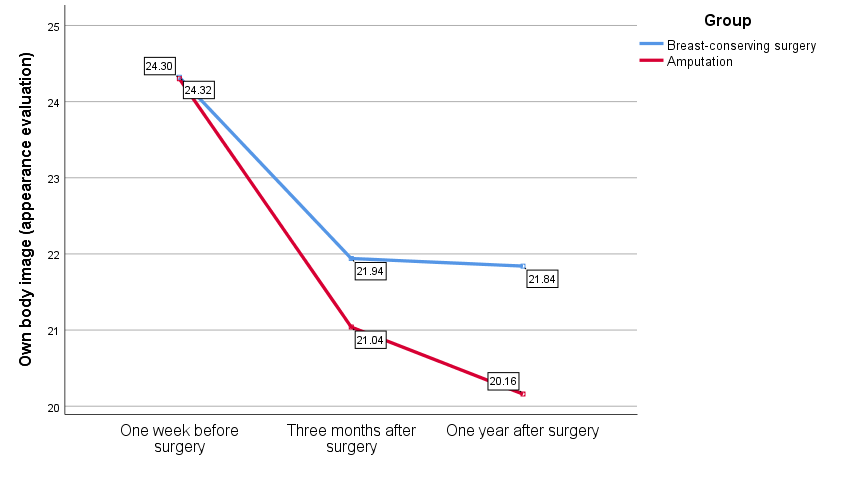 Figure 1: Body image evaluation in women who underwent BCT and mastectomy one week before the surgery, three months after the surgery, and one year after the surgery.