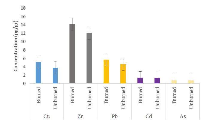 Figure 2: Mean concentration of heavy metals in raw (unburned) and burned tobacco of waterpipe.