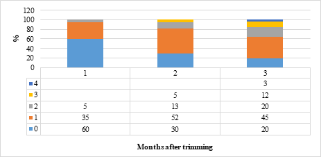 Figure 3: Distribution of the percentage of hind claws within each category of IDHE during 3 months after trimming in hind claws of multiparous cows in both trimming methods. IDHE was rated on a scale from 0 to 4 0 = absent and 4 = severe).
