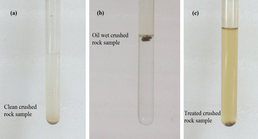 Figure 6: The clean crushed samples instantly sunk in the water, which shows strongly water-wet, as shown in Figure 6(a). The oil-wet crushed rock sample floated on the water’s top even after several days, as shown in Figure 6(b). The treated crushed rock sample instantly sunk in a 5.5 wt % Matricaria Chamomilla extract solution, as shown in Figure 6(c). In these tests, the alteration of oil-wet crushed rock sample to water-wet by Matricaria Chamomilla extract is the prestigious performance and robustness.