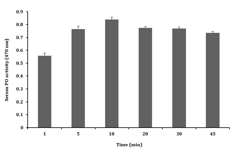 Figure 3: Effect of time interval on oxidation of L-DOPA in PO activity of the serum of M. rosenbergii.
