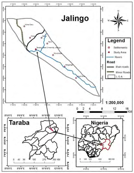 Figure 1: 1). It has a total land area of about 195.071 km2. According to National Population Commission Census, Jalingo LGA has a population of 140,318. Presently, it has a projected population of 266 841 with a growth rate of 3.2% in the year 2020 [14]. The LGA has 10 wards (Turaki ‘A’, Turaki ‘B’, Sintali ‘A’, Sintali ‘B’, Majidadi, Sarkin Dawaki, Kachalla Sembe, Barade, Kona and Yelwa). The major ethnic groups of Jalingo LGA are the Fulani, Jibu Kona and Mumuye. Other ethnic groups include Hausa, Jenjo, Wurkum and Nyandang. The Hausa language is widely spoken as a medium of communication for social and economic interactions [16].