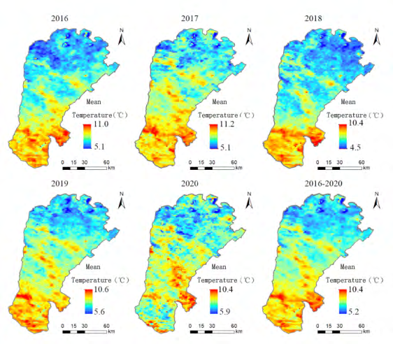 Figure 11: Daily mean annual temperature pattern over UXIN Banner, China, 2016-2020.