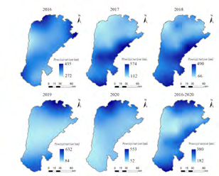 Figure 4: Annual precipitation map of Uxin Banner from 2016 to 2020.