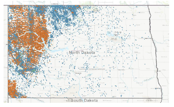 Figure 1: North Dakota Williston Basin wells type vertical (blue), horizontal (orange), and directional (green), source [1].
