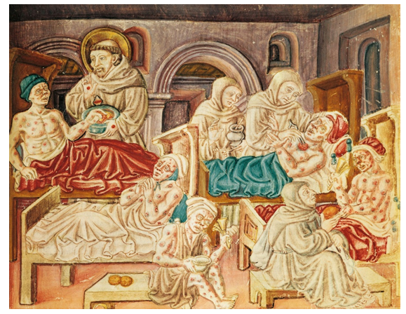 Figure 2: 15th-century image by Jacopo Oddi, depicting Franciscan monks treating victims of the plague and leprosy in Italy.