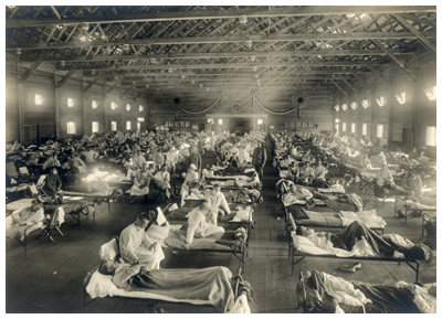 Figure 5: Soldiers from Fort Riley, Kansas, ill with Spanish flu at a hospital ward at Camp Funston, NMNH, Smithsonian.