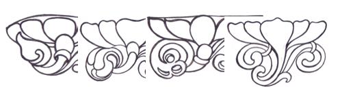Figure 2: Line drawing of Different lotus motifs from Stepwell of Patan. Lotus ceilings are fairly common in temples. The variety of lotus ceilings at Dilwara, Mount Abu is mind baffling with its ornate, elaborate and stylized carving. In the Ajanta paintings, lotus motif has been used in all possible ways along the whole length of the panels and adds beauty to the total scene. Lotus can be classed into three categories according to the colour as red, blue and white. The petals of the red lotus are circular, that of, the blue lotus angular, and the white lotus is also angular-petal. The red lotus is often shown in full bloom. The central portion of the flower is also shown full of seeds. The blue lotus is shown either as all the petals in erect and upright posture and the outer line in loose and hanging posture towards the exterior. The inner part cupping and the seed containing the central part is made invisible.