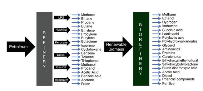 Figure 13: Comparison of the products from petroleum refinery and renewable biomass refinery [37].