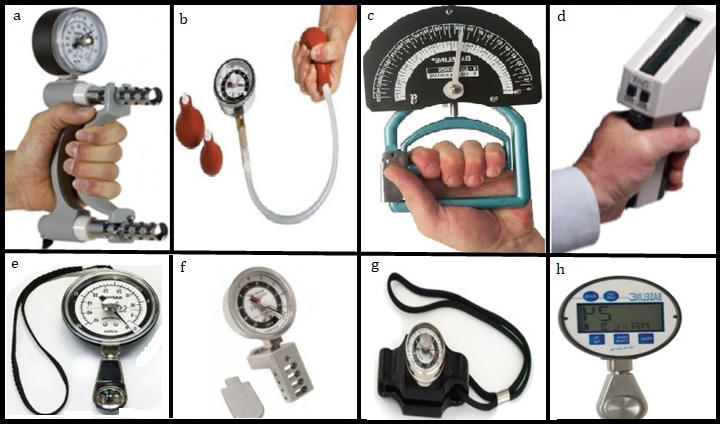 Figure 1: Tools for measuring grip and pinch strengths: a- Jamar dynamometer; b- Martin vigorometer; c- Smedley dynamometer; d- Dyn X dynamometer; e- hydraulic pinch gauge; f- five-position hydraulic pinch gauge; g-mechanical pinch gauge and h-digital pinch gauge.