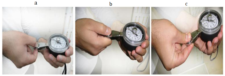 Figure 3: Types of pinch strengths: a-Tip, b-Key, C-Palmar.