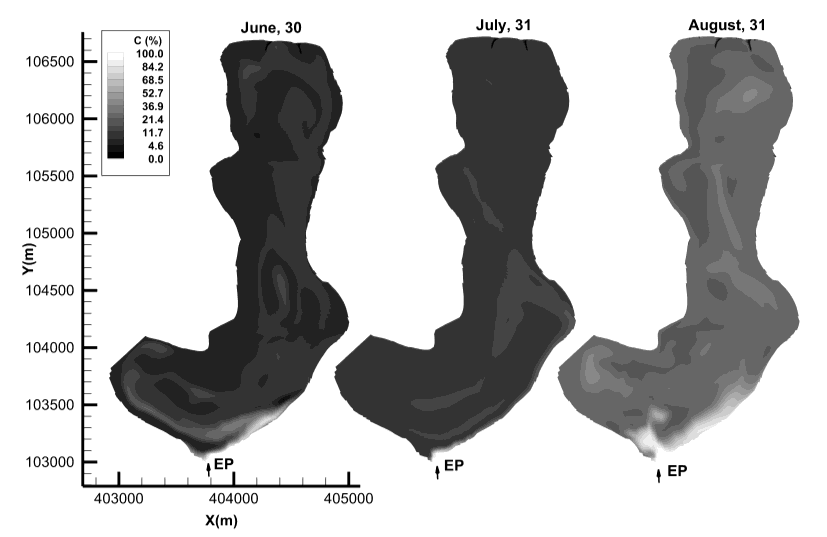 Figure 7: The maps of concentrations for June 30, July 31 and August 31. Emission point: the outlet of the Tisa-Palić Channel.