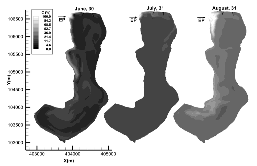 Figure 8: The maps of concentrations for June 30, July 31 and August 31. Emission point: the outlet of the Tapso Creek.