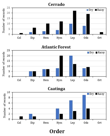 Figure 3: Number of feeding records of the Rufous-tailed Jacamar (Galbula ruficauda) with insect prey, and obtained by citizen scientists during dry and rainy periods in the Cerrado, the Atlantic Forest and the Caatinga, Brazil, between 2010 and 2021. Data were gathered in the WikiAves and eBird databases in February 2021. Insect orders: (Col) Coleoptera, (Dip) Diptera, (Hem) Hemiptera, (Hym) Hymenoptera, (Lep) Lepidoptera, (Odo) Odonata, (Ort) Orthoptera.